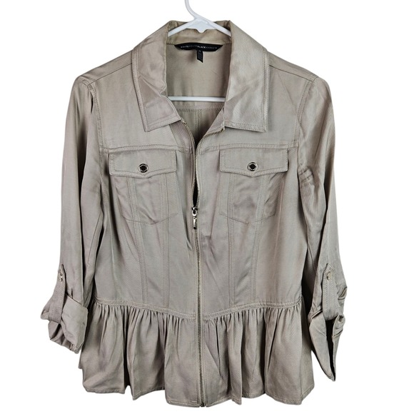 White House Black Market Jackets & Blazers - White House Black‎ Market Jacket M Tan Ruffle Hem Full Zip Military Utility